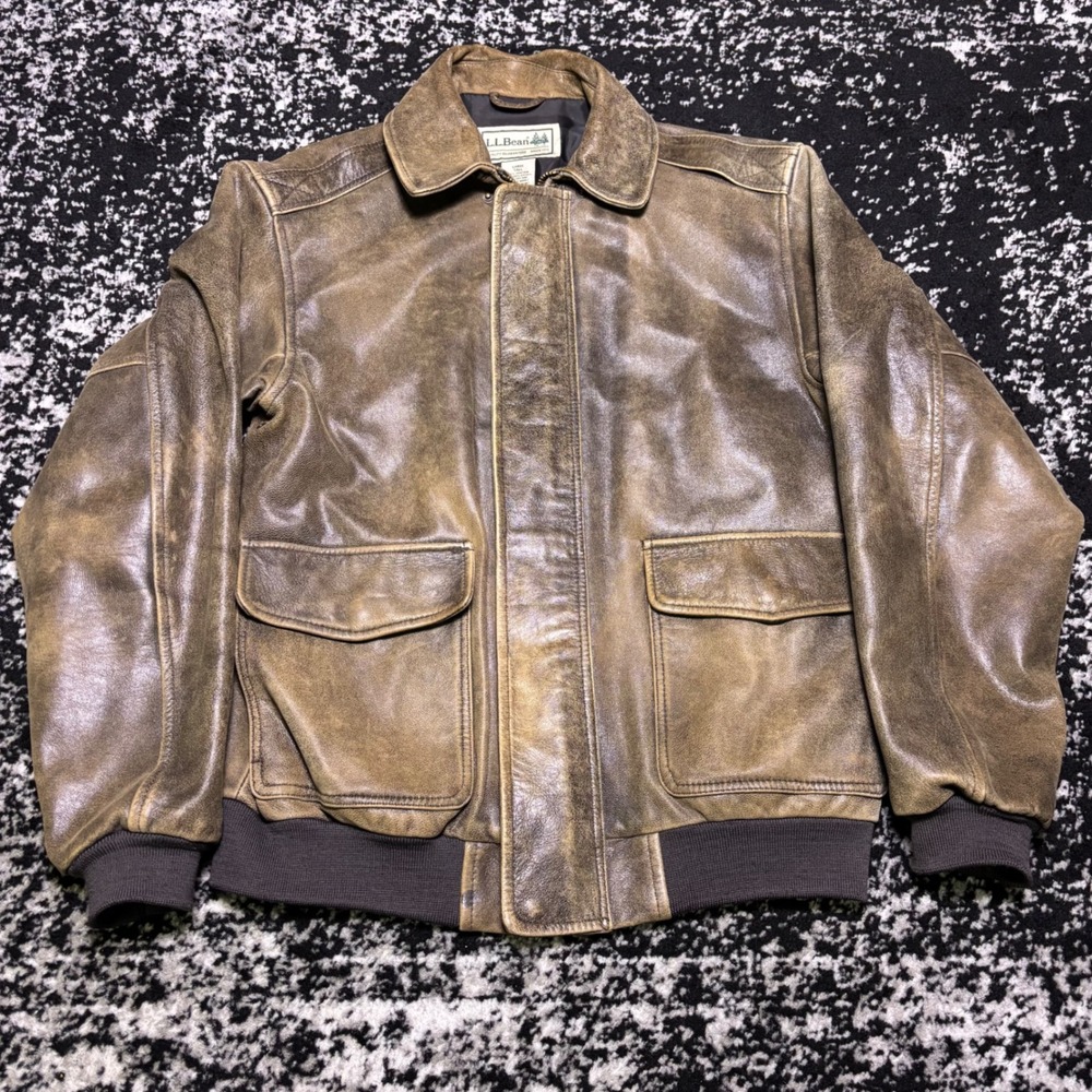 LL Bean Mens Goatskin Leather Bomber Jacket Brown Distressed Large Tall OMF53